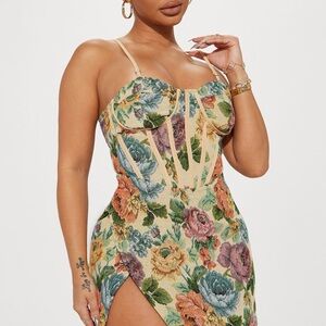 Floral Corset Midi Dress in Cream with Multicolor Blooms